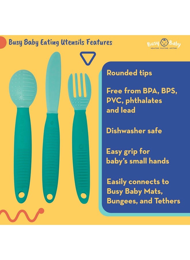 Busy Baby Silicone Bungee Bib & Utensils Deluxe Nodrop Onthego Selffeeding System Travelfriendly Baby Led Weaning (Spearmint)  - Image 3
