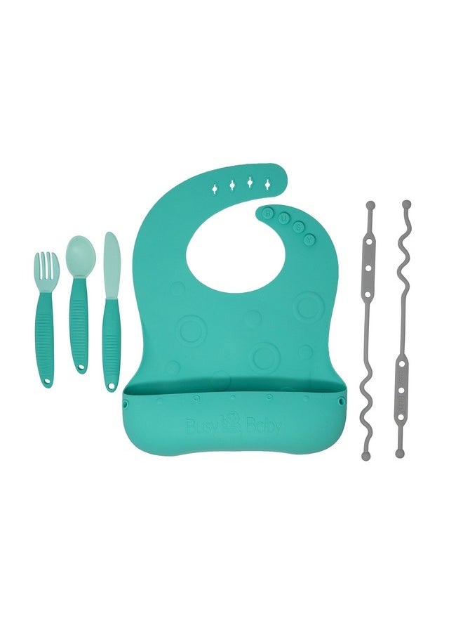 Busy Baby Silicone Bungee Bib & Utensils Deluxe Nodrop Onthego Selffeeding System Travelfriendly Baby Led Weaning (Spearmint)  - Image 1