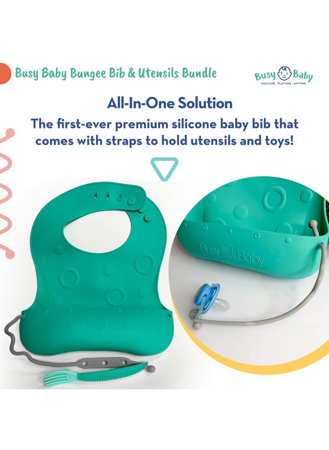 Busy Baby Silicone Bungee Bib & Utensils Deluxe Nodrop Onthego Selffeeding System Travelfriendly Baby Led Weaning (Spearmint)  - Image 5