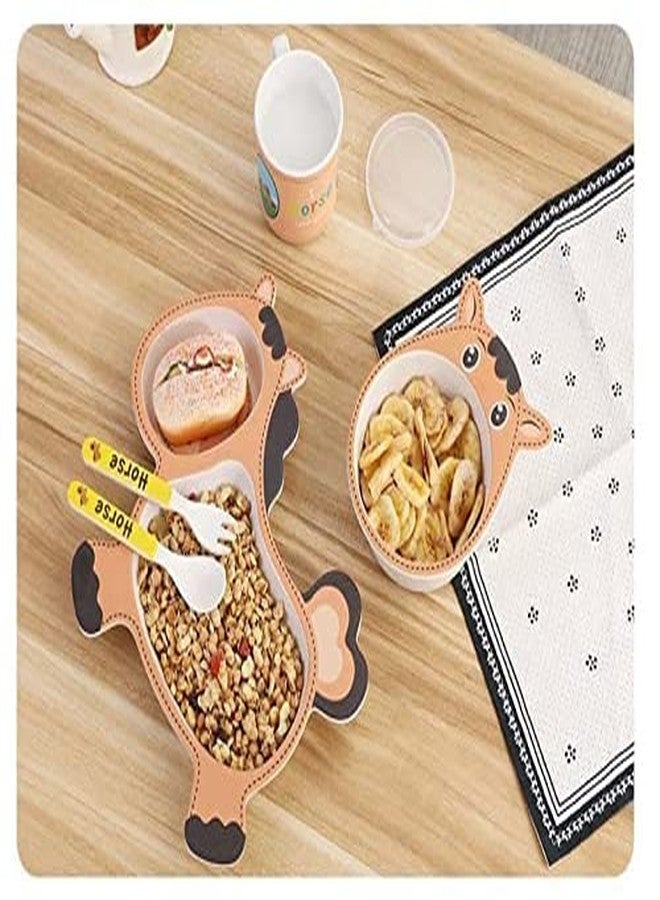 ماياترا طقم عشاء للأطفال من ألياف الخيزران من ماياترا، طقم مكون من 5 قطع من ألياف الخيزران لإطعام الأطفال، أدوات مائدة للأطفال مصنوعة من خيزران صديق للبيئة (RS-5019-Horse) - Image 2