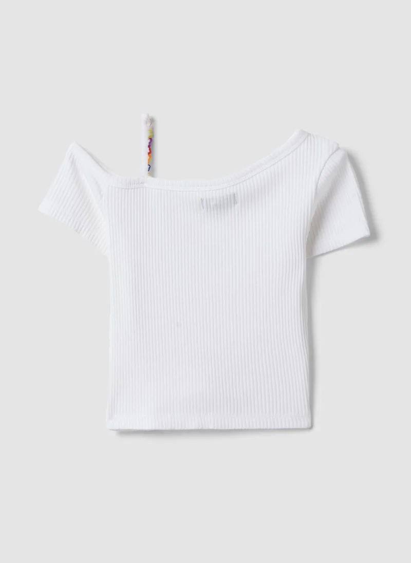 او في اس OVS Girlsâ€™ White Slim-Fit Striped Stretch Cotton T-Shirt