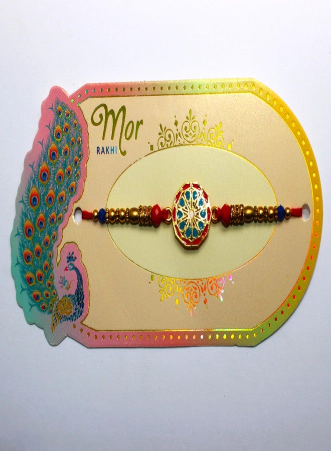 BANDHAN Traditional Indian Rakhi for Raksha Red & Gold Beaded Rakhi with Blue Stone Charm - Image 2