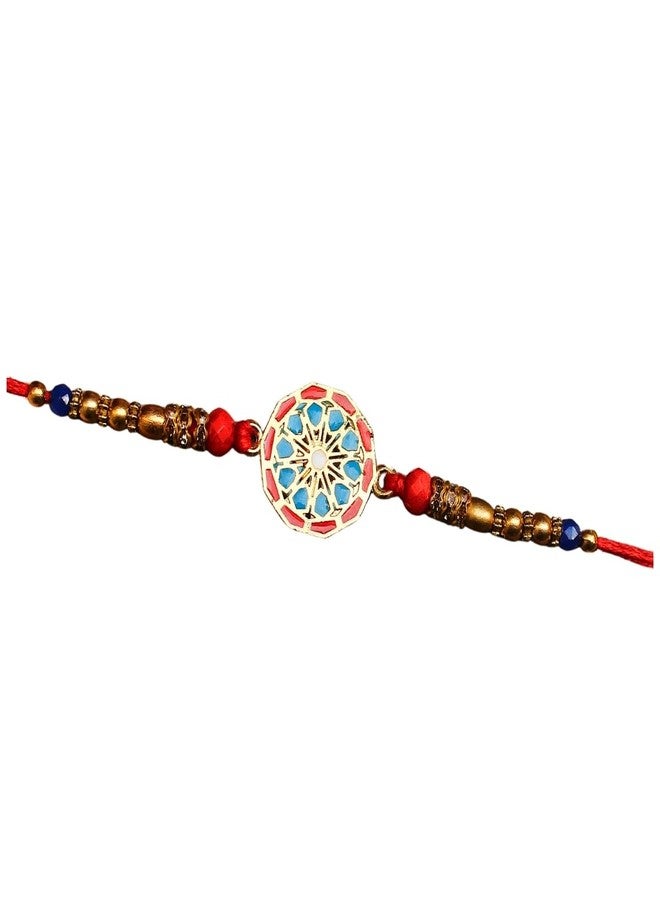 BANDHAN Traditional Indian Rakhi for Raksha Red & Gold Beaded Rakhi with Blue Stone Charm - Image 1