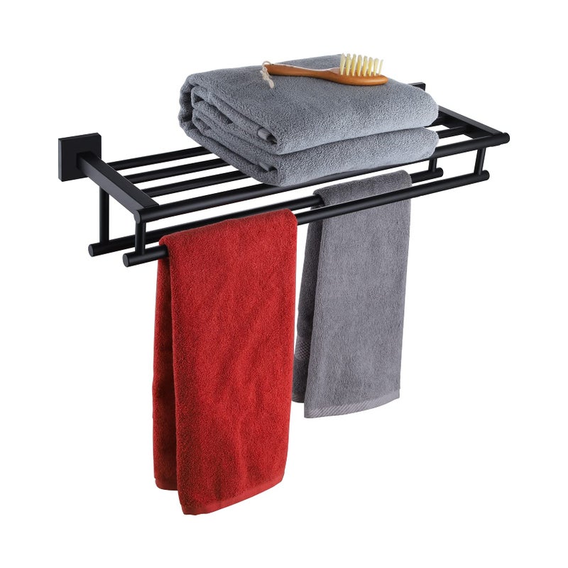 KOKOSIRI Bath Towel Rack with Double Towel Bars Bathroom Towel Shelf 20 Inch Towel Holder Wall Mounted Stainless Steel Matte Black B6005BKL20