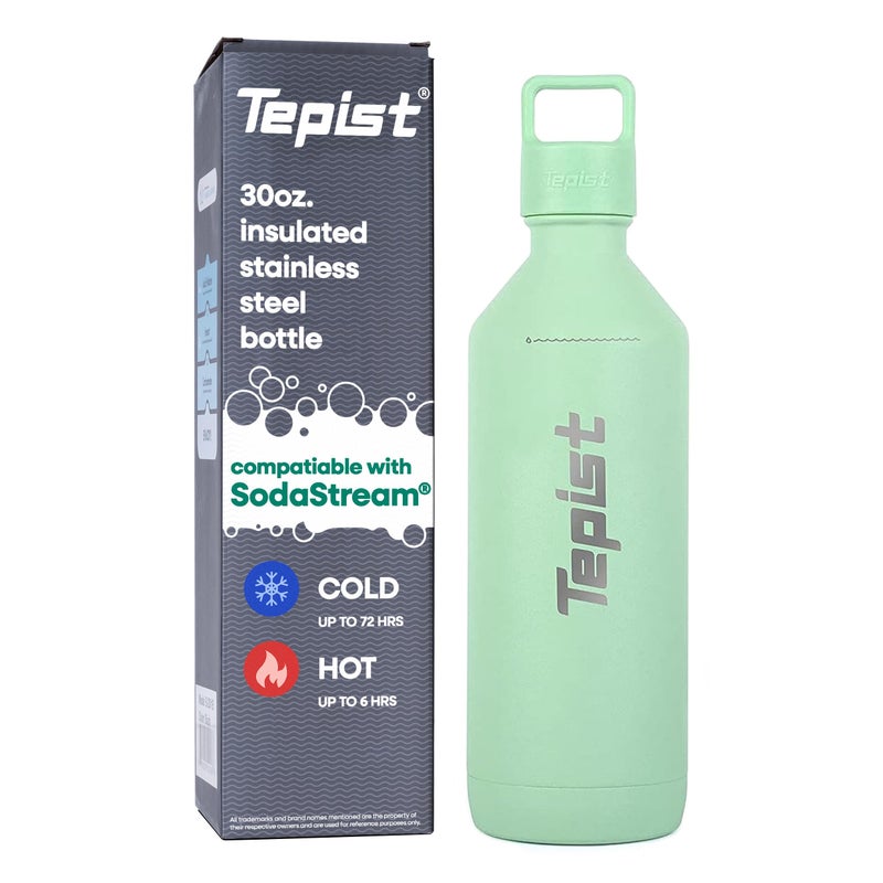 Tepist زجاجة تيبيست ثيرتي أو 30 أونصة من الفولاذ المقاوم للصدأ متوافقة مع آلات صودا ستريم مطلية بالمسحوق باللون الأزرق الفاتح محكمة الإغلاق مزدوجة الجدران مقاومة للتسرب سهلة الحمل زجاجة قابلة لإعادة الاستخدام
