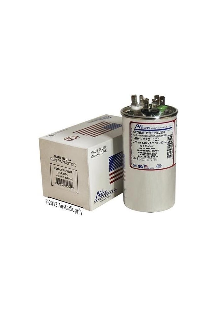 AMRAD 40 + 3 uf/Mfd Round Dual Universal Capacitor Replacement USA2274 - 370/440 VAC - Image 1