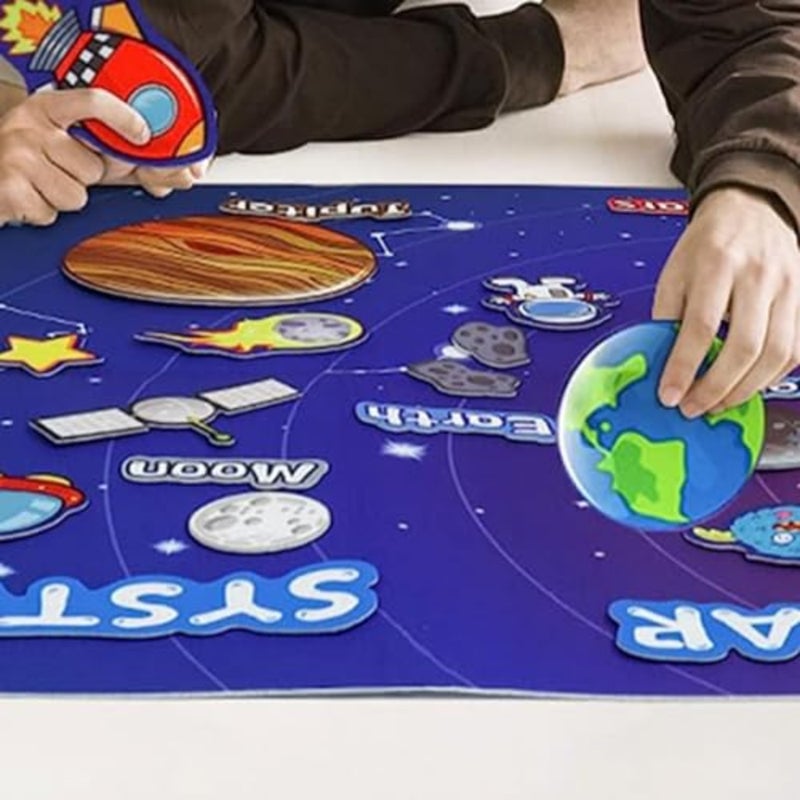 Solar system felt board toys for preschool learning: 40-piece set in vibrant colors, soft felt material, reusable adhesive backing for interactive space education - Image 3
