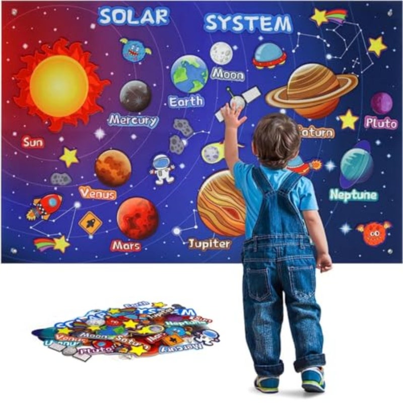 Solar system felt board toys for preschool learning: 40-piece set in vibrant colors, soft felt material, reusable adhesive backing for interactive space education - Image 1