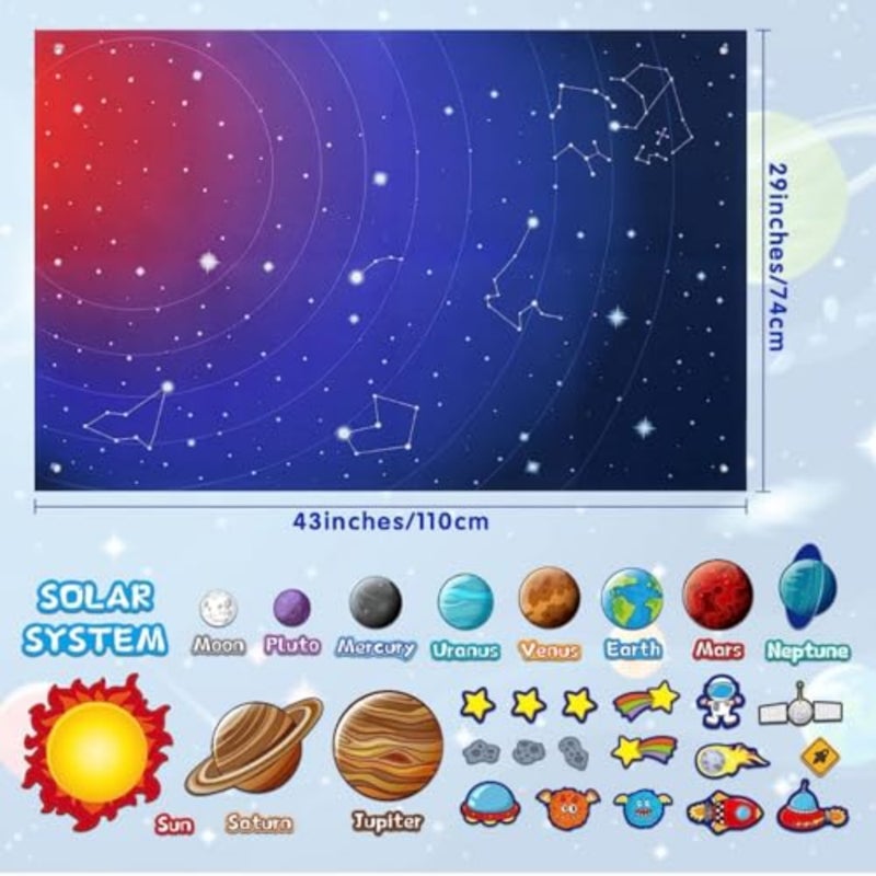 Solar system felt board toys for preschool learning: 40-piece set in vibrant colors, soft felt material, reusable adhesive backing for interactive space education - Image 2