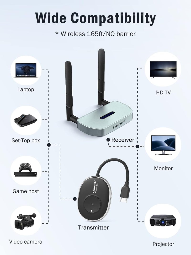 Lemorele Wireless HDMI Transmitter & Receiver, 1080P Wireless Extender 164ft/50m, Support 8 TXs to 1RX for PC Audio Video Streaming Laptop, Laptop to HDTV, Projector - Image 2