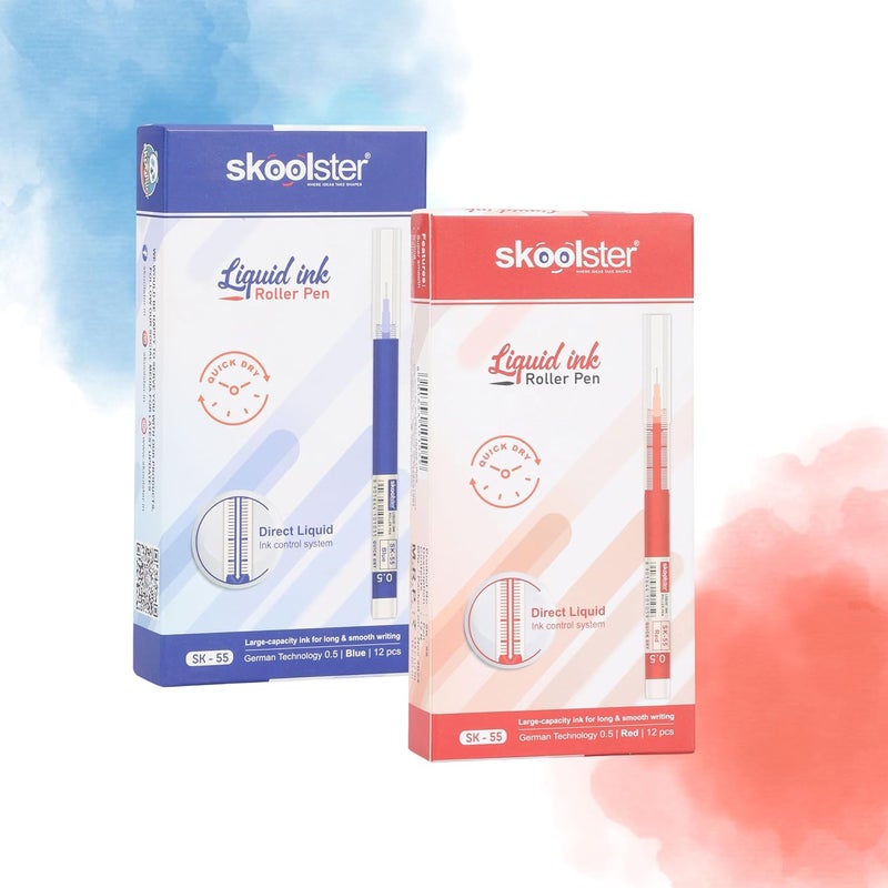 Skoolster Liquid Ink Roller Pen 0.5mm, Pack of 24, Smooth Quick-Dry Writing Pens for Office, School, Professionals & Exams (Blue+Red) - Image 1