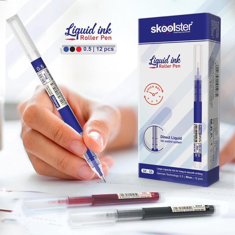 Skoolster Liquid Ink Roller Pen 0.5mm, Pack of 24, Smooth Quick-Dry Writing Pens for Office, School, Professionals & Exams (Blue+Red) - Image 4