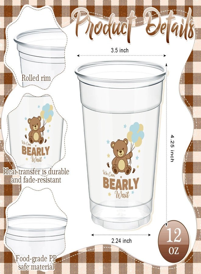 مينبلان مجموعة مينبلان من 50 قطعة من أكواب بلاستيكية شفافة للاستخدام مرة واحدة لحفلات استقبال المولود الجديد، سعة 12 أونصة، بتصميم دببة، تحمل عبارة "لا يمكننا الانتظار"، مثالية لحفلات استقبال المولود الجديد، ولأغراض الكشف عن جنس المولود (بني). - Image 2