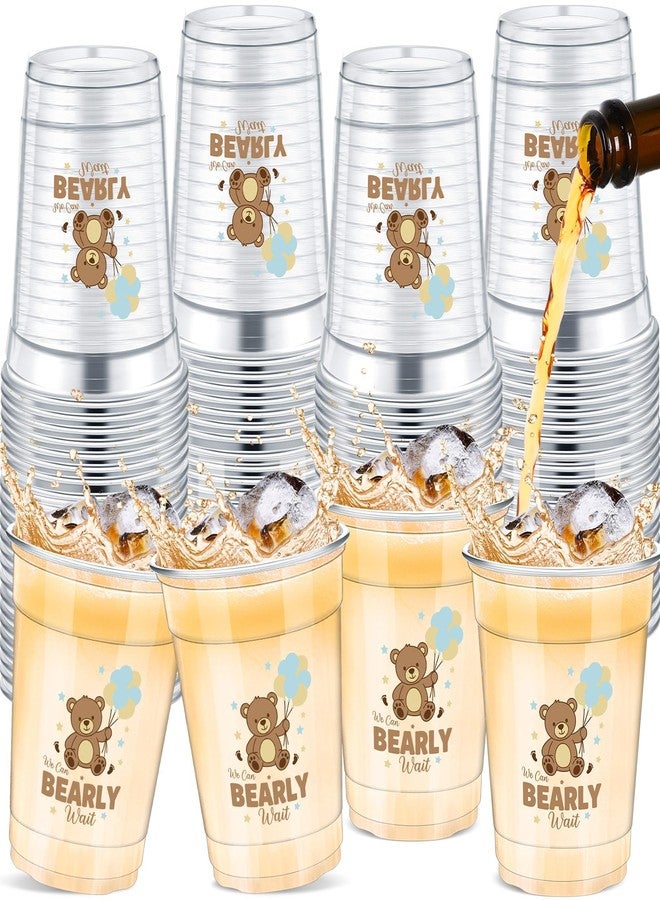 مينبلان مجموعة مينبلان من 50 قطعة من أكواب بلاستيكية شفافة للاستخدام مرة واحدة لحفلات استقبال المولود الجديد، سعة 12 أونصة، بتصميم دببة، تحمل عبارة "لا يمكننا الانتظار"، مثالية لحفلات استقبال المولود الجديد، ولأغراض الكشف عن جنس المولود (بني). - Image 1