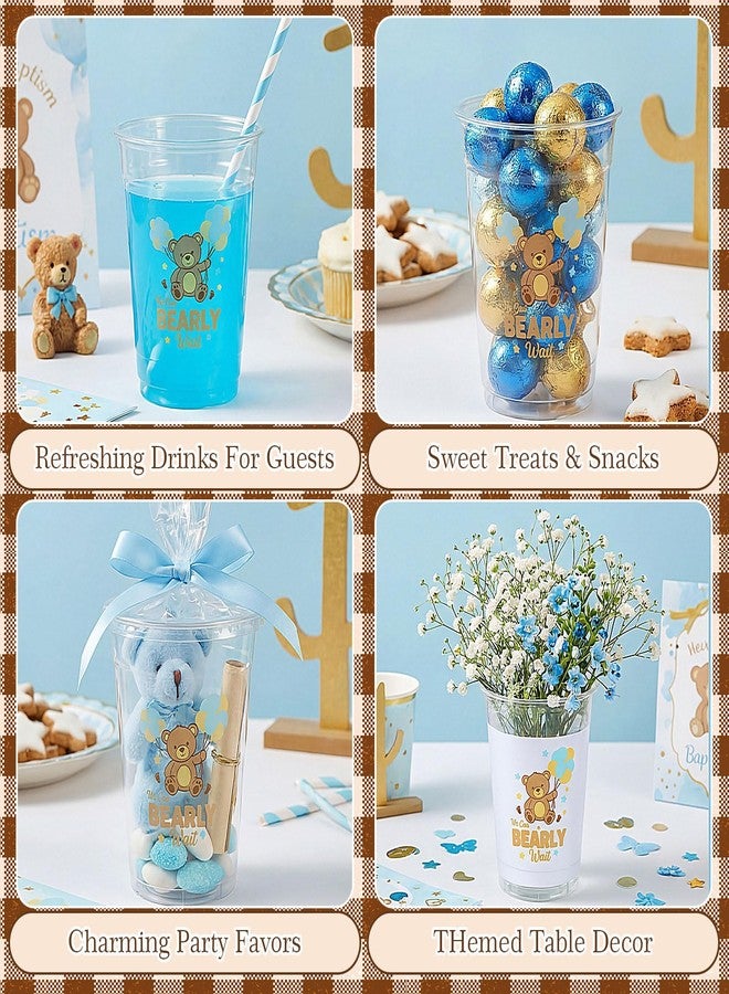 مينبلان مجموعة مينبلان من 50 قطعة من أكواب بلاستيكية شفافة للاستخدام مرة واحدة لحفلات استقبال المولود الجديد، سعة 12 أونصة، بتصميم دببة، تحمل عبارة "لا يمكننا الانتظار"، مثالية لحفلات استقبال المولود الجديد، ولأغراض الكشف عن جنس المولود (بني). - Image 3