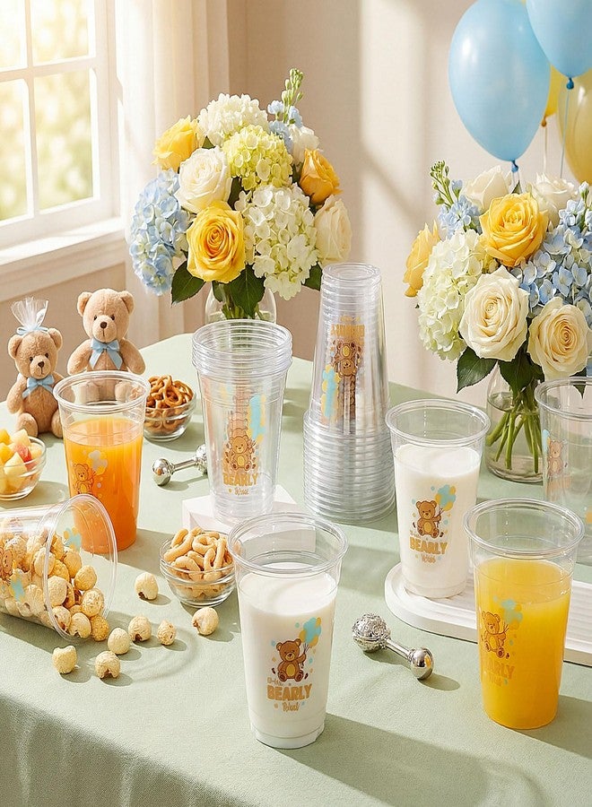 مينبلان مجموعة مينبلان من 50 قطعة من أكواب بلاستيكية شفافة للاستخدام مرة واحدة لحفلات استقبال المولود الجديد، سعة 12 أونصة، بتصميم دببة، تحمل عبارة "لا يمكننا الانتظار"، مثالية لحفلات استقبال المولود الجديد، ولأغراض الكشف عن جنس المولود (بني). - Image 5