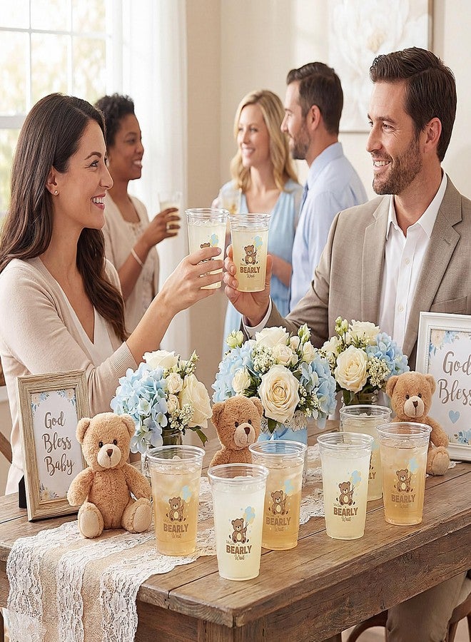 مينبلان مجموعة مينبلان من 50 قطعة من أكواب بلاستيكية شفافة للاستخدام مرة واحدة لحفلات استقبال المولود الجديد، سعة 12 أونصة، بتصميم دببة، تحمل عبارة "لا يمكننا الانتظار"، مثالية لحفلات استقبال المولود الجديد، ولأغراض الكشف عن جنس المولود (بني). - Image 4