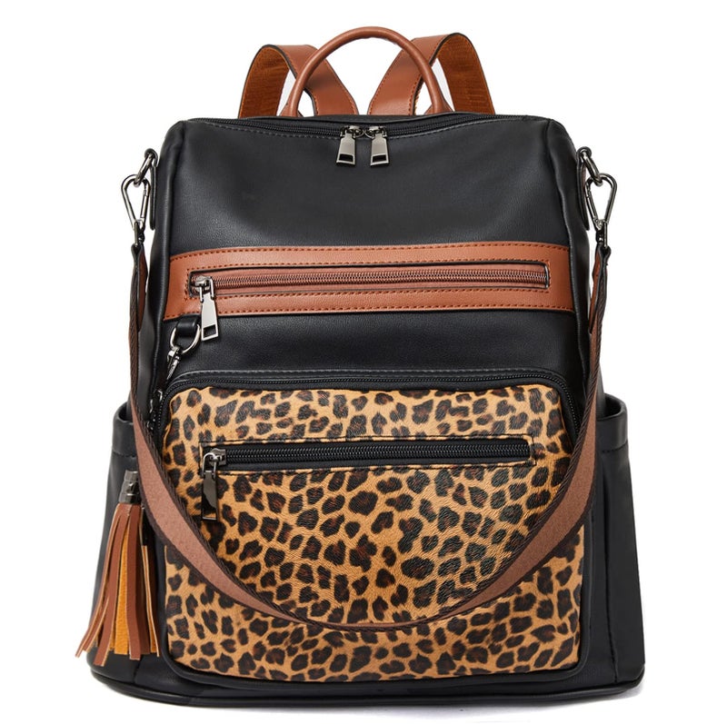 Telena Womens Backpack Purse Vegan Leather Large Travel Shoulder Bag with Tassel Leopard - Image 1