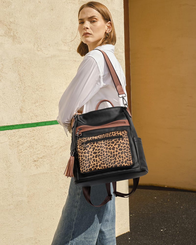 Telena Womens Backpack Purse Vegan Leather Large Travel Shoulder Bag with Tassel Leopard - Image 2