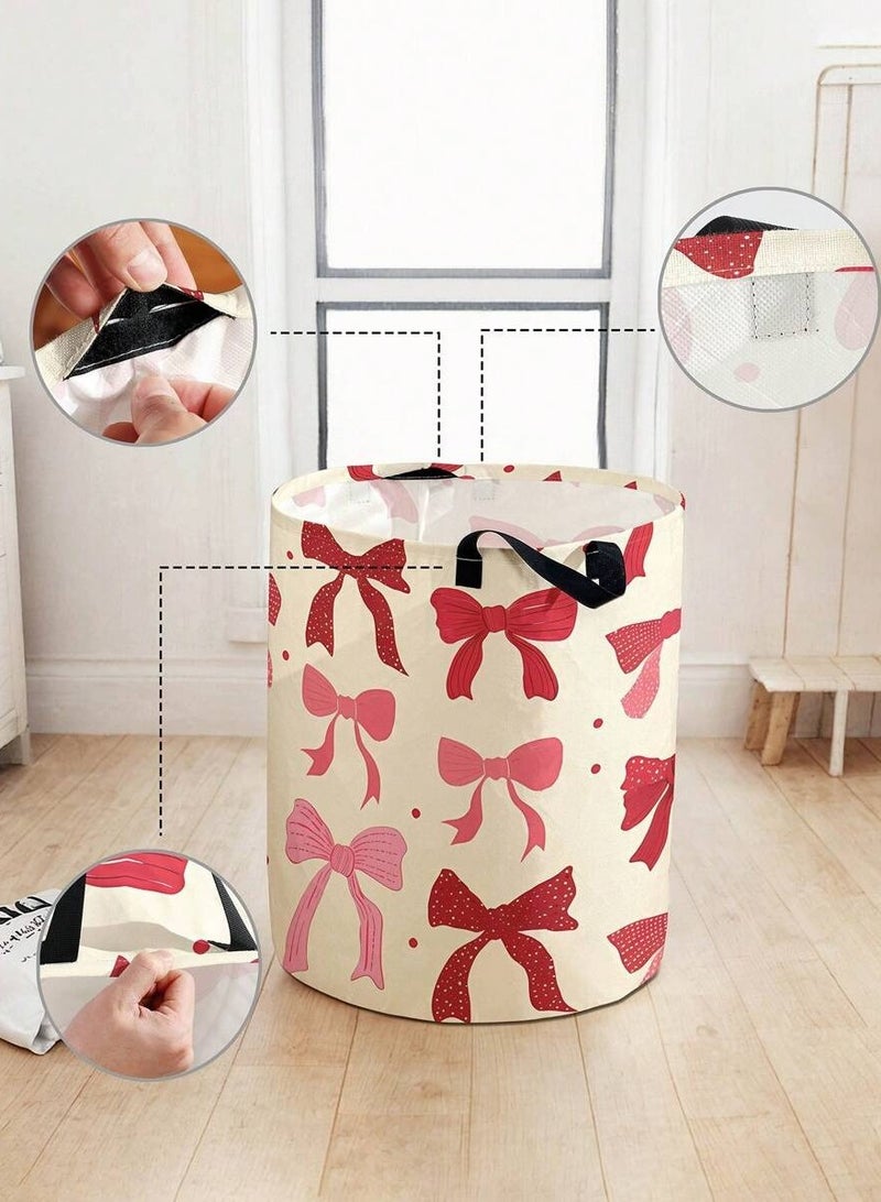 سلة غسيل ملابس قماشية مزينة بفيونكات وردية وحمراء سعة تخزين عملية مقاس 48×38 سم مع مقابض للحمل مناسبة لغرفة النوم والغسيل - Image 2