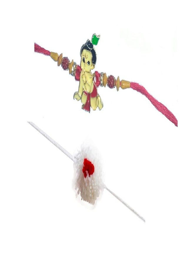 Swami Enterprise Beautiful Kids Rakhi For Brother Set of 3 Combo Gold color Lord Shree Krishna / 5 pc Pom Pom rakhi (multi color) For Raksha Bandhan/Total pack of 8 - Image 1
