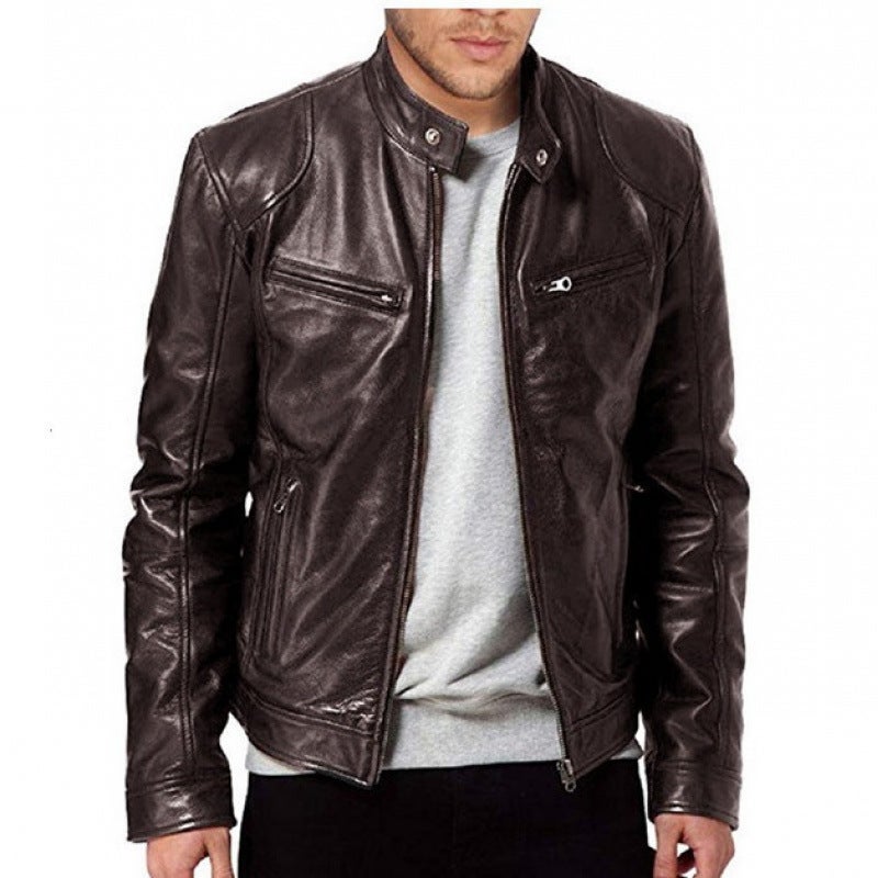 2022 Autumn/Winter New Men'S Zipper Cardigan Pocket Pu Leather Stand Collar Slim Fit Motorcycle Leather Jacket Coat - Image 2