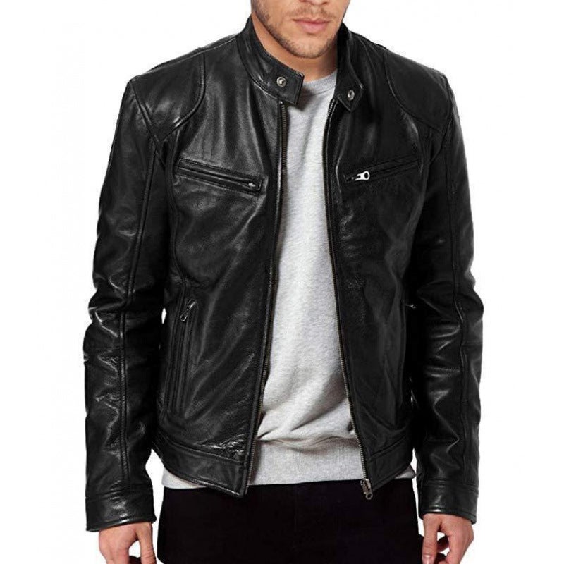 2022 Autumn/Winter New Men'S Zipper Cardigan Pocket Pu Leather Stand Collar Slim Fit Motorcycle Leather Jacket Coat - Image 4