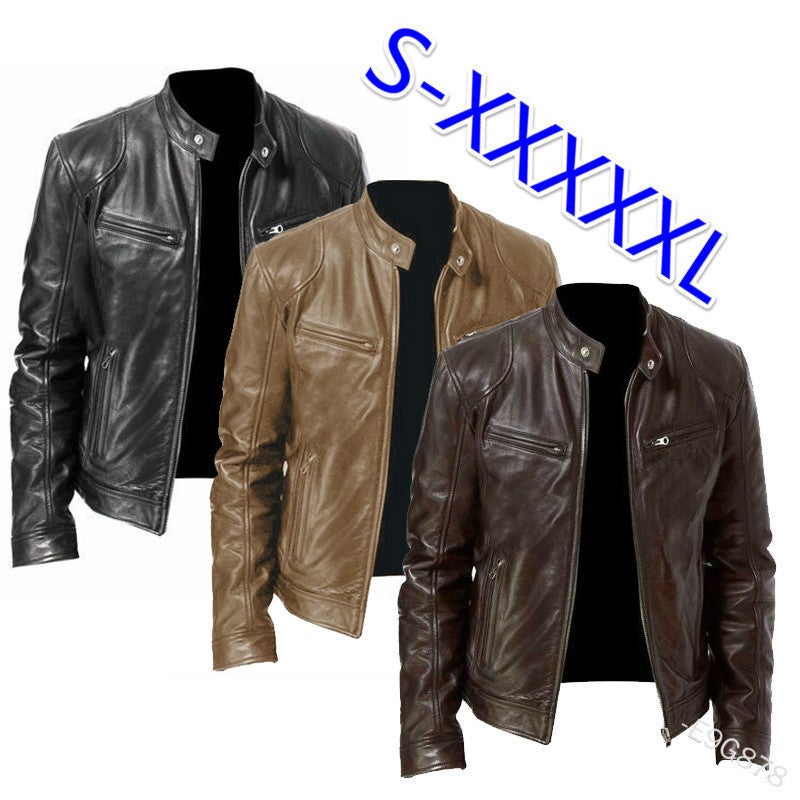 2022 Autumn/Winter New Men'S Zipper Cardigan Pocket Pu Leather Stand Collar Slim Fit Motorcycle Leather Jacket Coat - Image 5