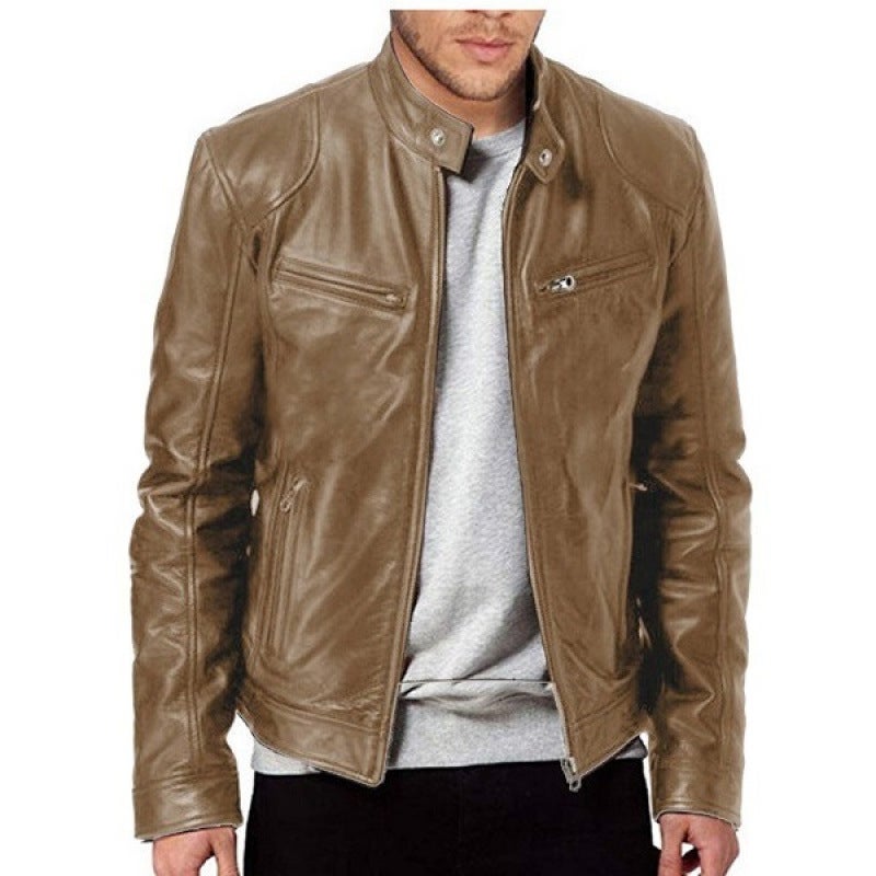 2022 Autumn/Winter New Men'S Zipper Cardigan Pocket Pu Leather Stand Collar Slim Fit Motorcycle Leather Jacket Coat - Image 1