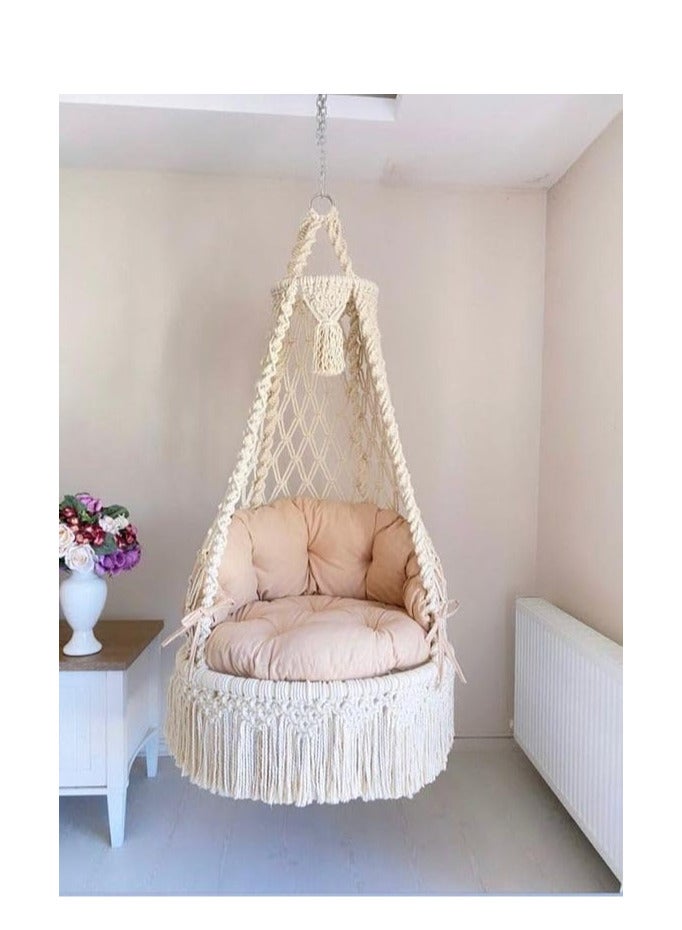 أرجوحة رويال ماكراميه، إطارات حديدية 200 كيلو، حبال قطنية، وسادات تعليق متينة (وسادات حمراء)