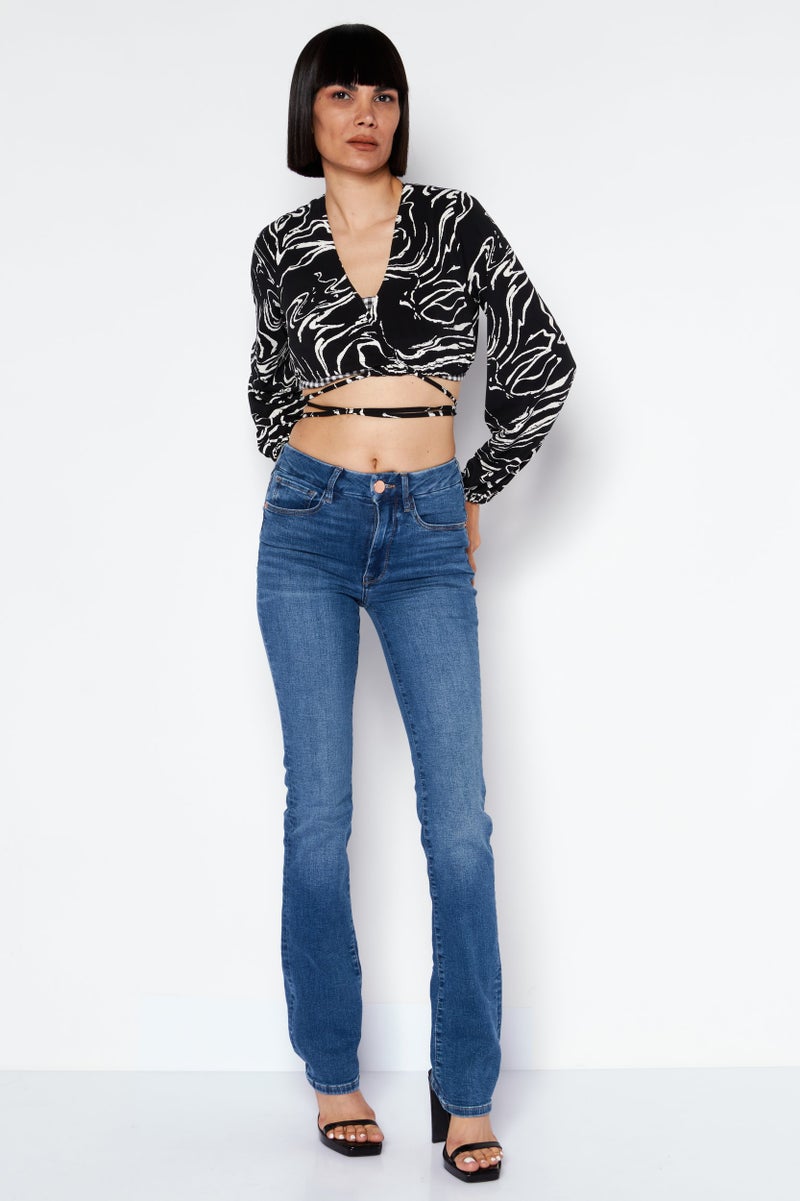 RIVER ISLAND Women Petite V Neck Long Sleeve Marble Print Crop Top, Black - Image 2