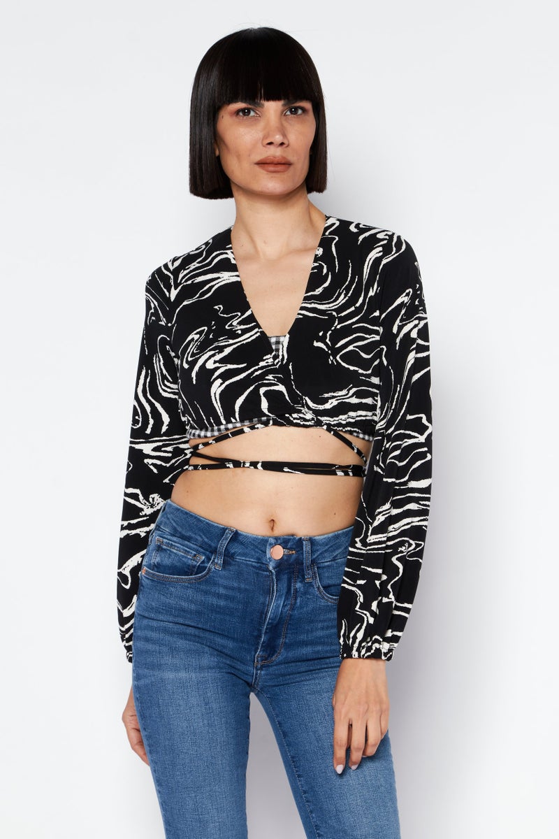 RIVER ISLAND Women Petite V Neck Long Sleeve Marble Print Crop Top, Black - Image 1