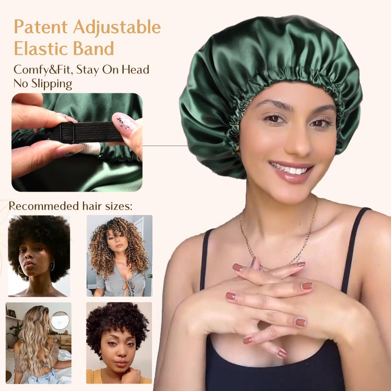 YANIBEST Adjustable Silk Bonnet Double Layer Satin Bonnet Hair Bonnet for Sleeping Bonnets for Women Hats Curly Natural Hair, Green - Image 3