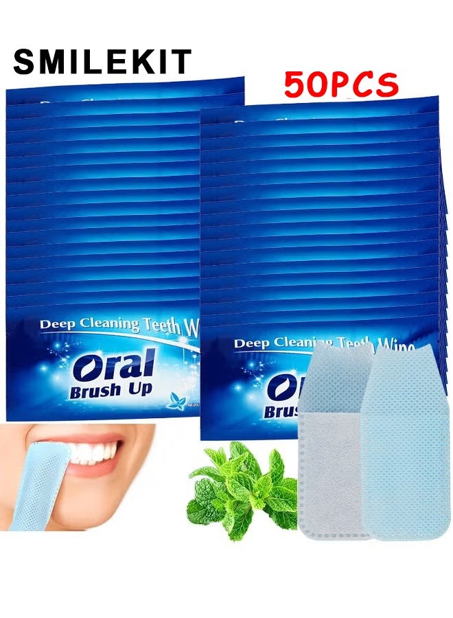 سمايل كيت 50 قطعة مناديل فموية بنكهة النعناع ، مناديل تبييض الأسنان مناديل تنظيف الفم ، محمولة ويمكن التخلص منها أثناء التنقل ، السفر ، المكتب ، المنزل ، خالي من السكر ، للتنظيف العميق للعناية بالفم - Image 1