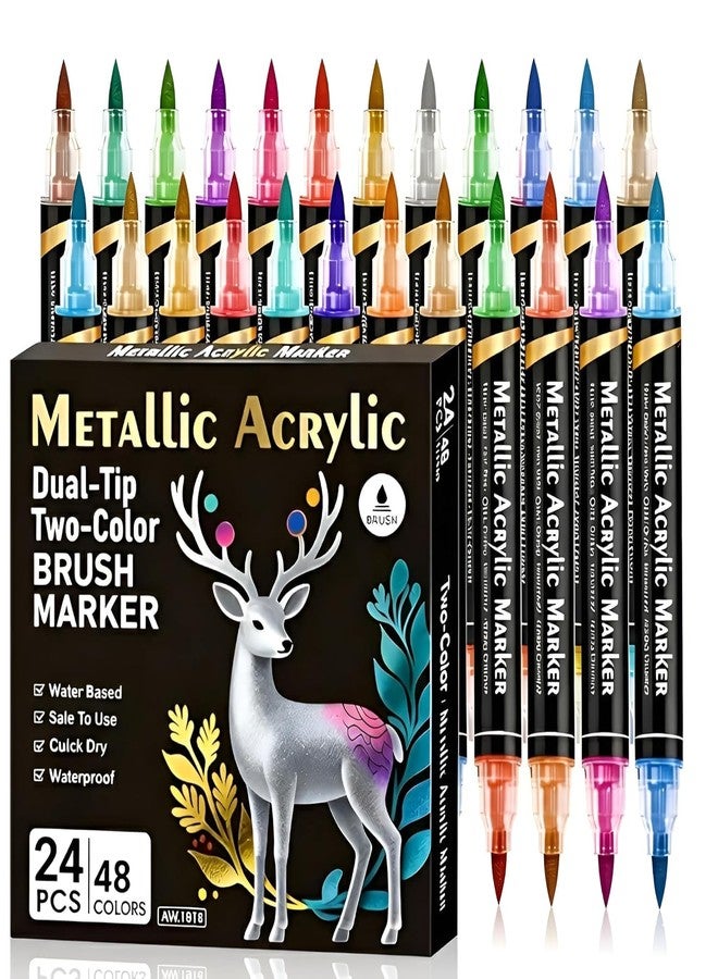 Woleebee Dual Tip Metallic Acrylic Markers Set (48 Colors, 24 Pens) | Brush & Fine Tip Paint Pens | Waterproof, Quick Dry, High Pigment for Rock Painting, Glass, Wood, Canvas, DIY Crafts & Calligraphy