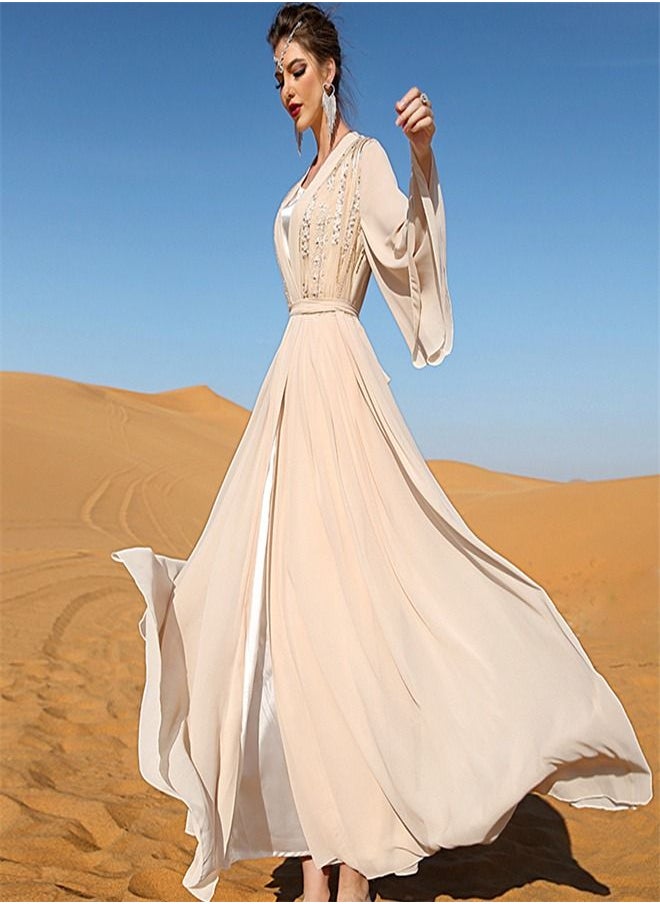 Loquat Double-Layer Chiffon Fashion Dress Abaya Beige/White  - Image 2