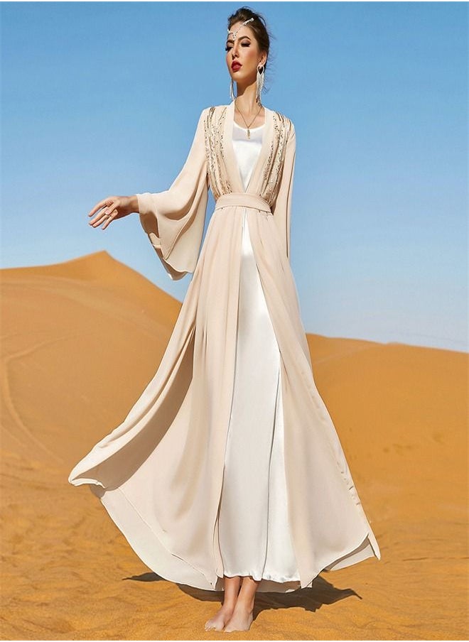 Loquat Double-Layer Chiffon Fashion Dress Abaya Beige/White  - Image 3