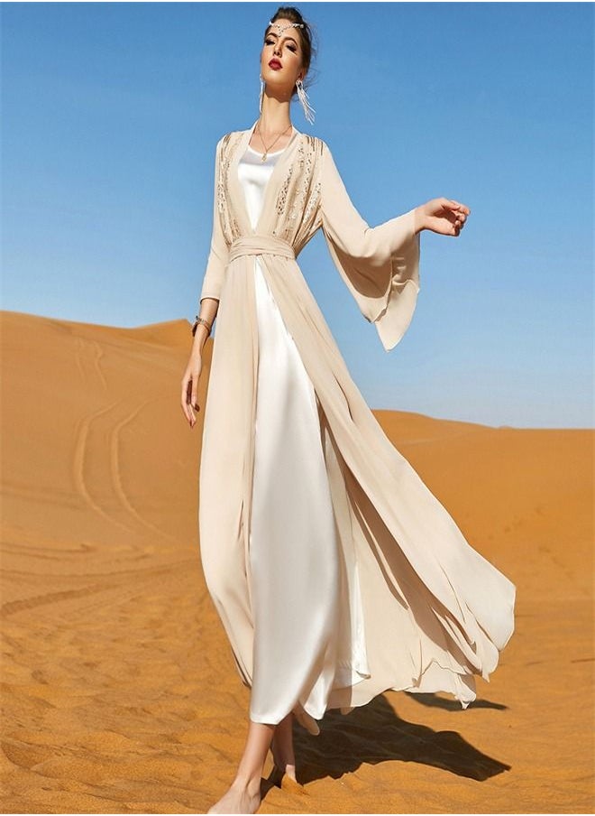 Loquat Double-Layer Chiffon Fashion Dress Abaya Beige/White  - Image 1