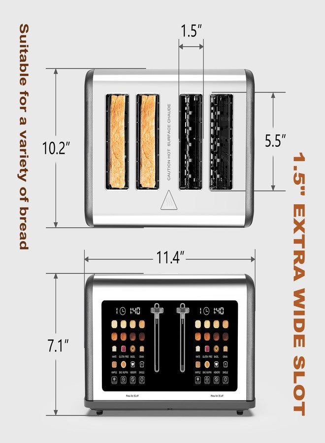 Clixane 4 Slice Toaster Touch Screen, Stainless Steel Toasters Digital Timer, Dual Control Panel Toasters, 8 Shade Settings 6 Bread Types for Bagel, Cancel, Defrost 1650W Grey - Image 3