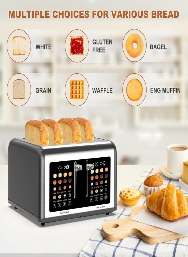 Clixane 4 Slice Toaster Touch Screen, Stainless Steel Toasters Digital Timer, Dual Control Panel Toasters, 8 Shade Settings 6 Bread Types for Bagel, Cancel, Defrost 1650W Grey - Image 4