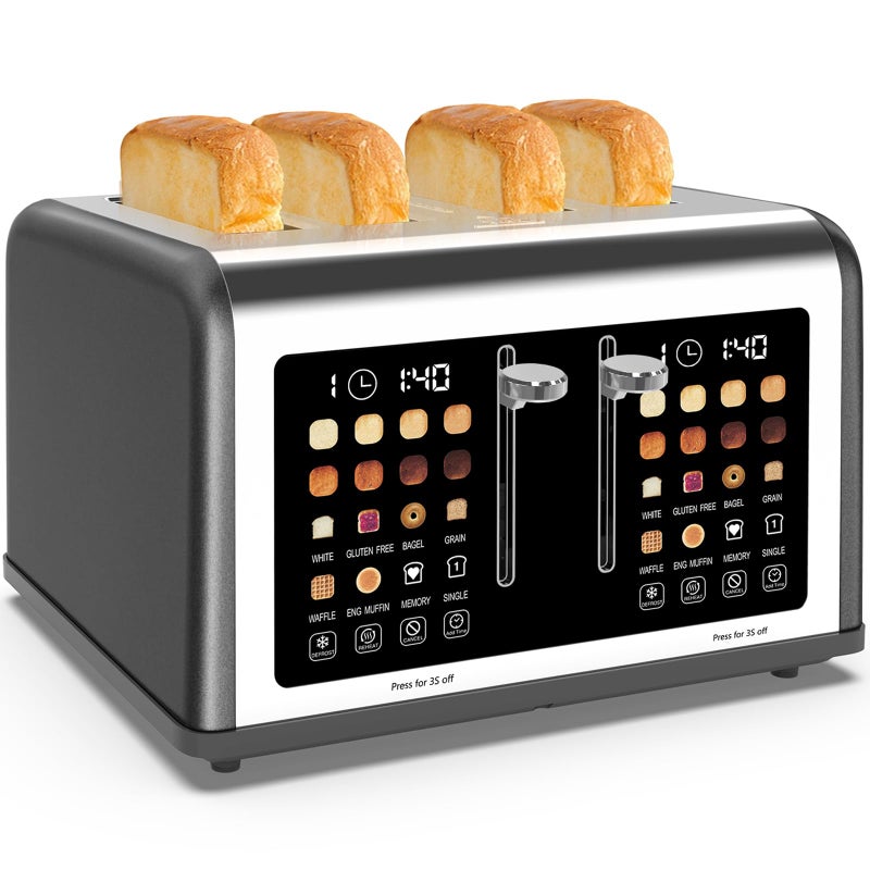 Clixane 4 Slice Toaster Touch Screen, Stainless Steel Toasters Digital Timer, Dual Control Panel Toasters, 8 Shade Settings 6 Bread Types for Bagel, Cancel, Defrost 1650W Grey - Image 1