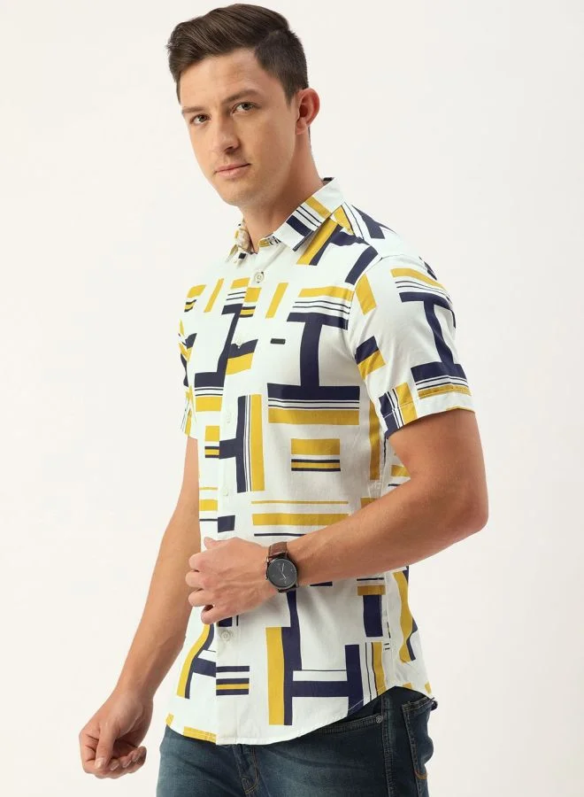 شركة المرآب الهندية Men Slim Fit Abstract Printed Half Sleeves Cutaway Collar Casual Shirt