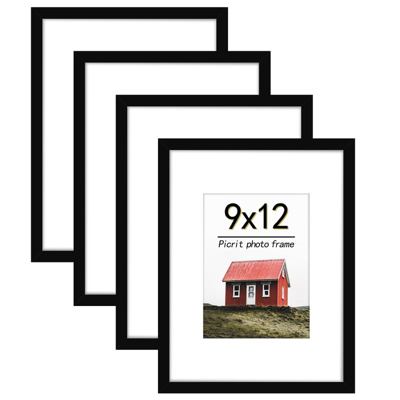 Picrit 9x12 Picture Frame Set of 4 Made of High Definition Real Glass Display 6x8 with Mat or 9x12 Without Mat Photo Frames for Wall Mounting or Table Top Display Black