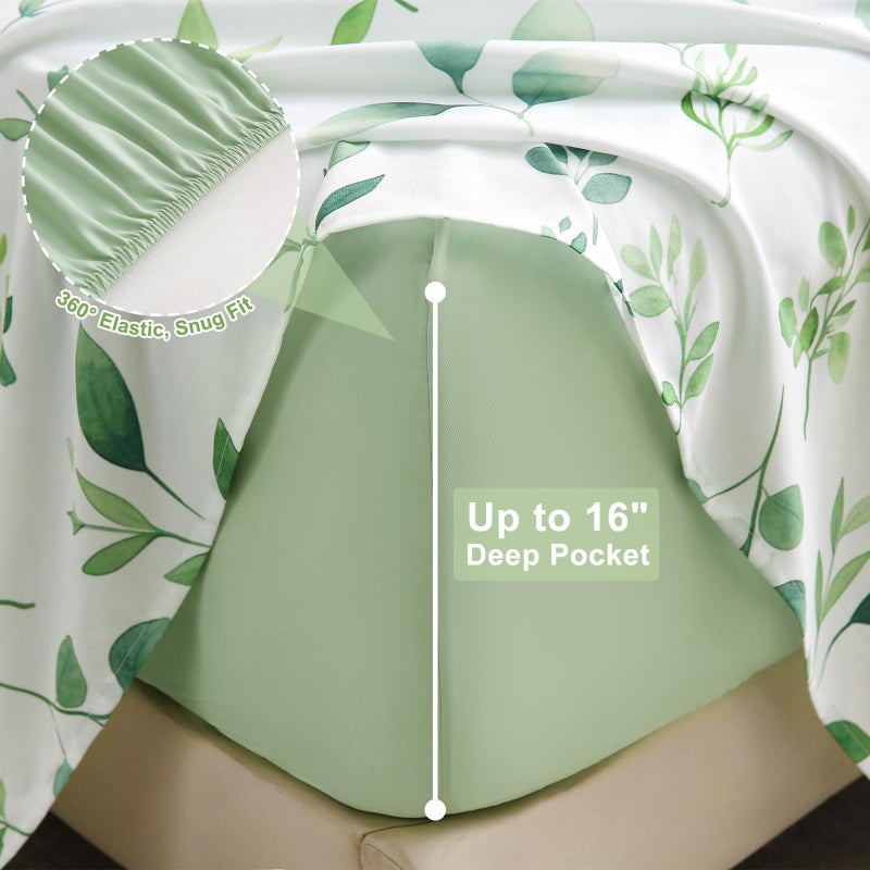 Swiftify Botanical 6-Piece King Size Sheets Set, Boho Floral Print Brushed Microfiber Sheets, Cooling Bed Sheet Set, Ultra Soft & Breathable, 16' Deep Pocket Fitted Sheet & Pillowcase Set, Sage Green Leaves - Image 5