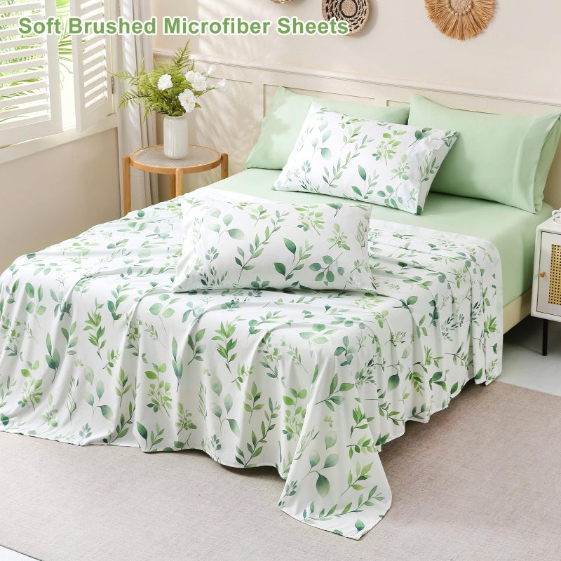 Swiftify Botanical 6-Piece King Size Sheets Set, Boho Floral Print Brushed Microfiber Sheets, Cooling Bed Sheet Set, Ultra Soft & Breathable, 16' Deep Pocket Fitted Sheet & Pillowcase Set, Sage Green Leaves - Image 2