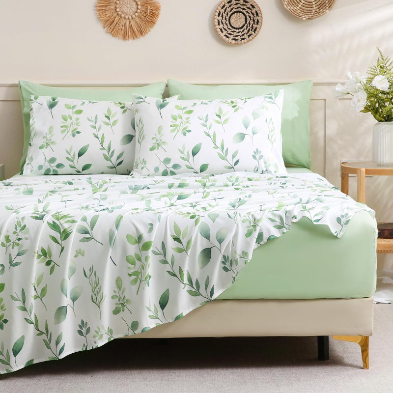 Swiftify Botanical 6-Piece King Size Sheets Set, Boho Floral Print Brushed Microfiber Sheets, Cooling Bed Sheet Set, Ultra Soft & Breathable, 16' Deep Pocket Fitted Sheet & Pillowcase Set, Sage Green Leaves - Image 3