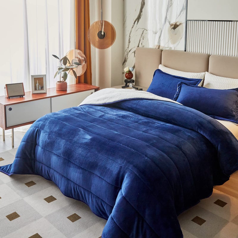 3Layer Luxury Flannel Fleece Thick Bed Blanket Full Queen Size Soft Plush Velvet Sherpa Blanket with 2 Pillow Shams Heavy Warm for Winter Breathable n Washable Navy Blue