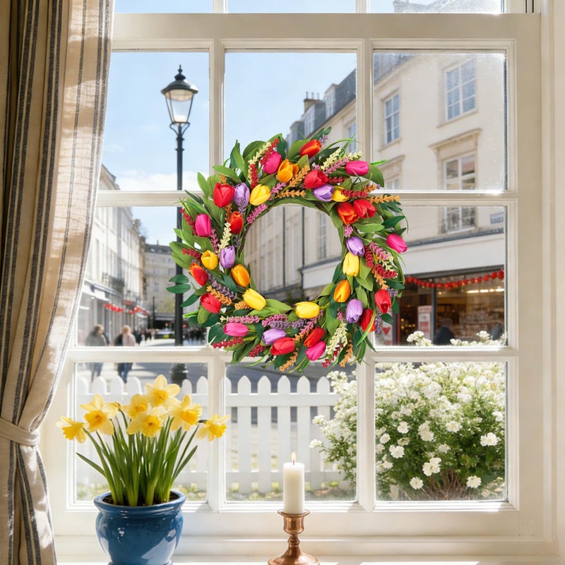 MAINGKAUNG Spring Wreath 22 Inch Artificial Summer Wreaths Tulip Wreath for Front Door with Yellow Tulip Eucalyptus Leaves purple Lavender for Mother's Day Indoor Wall Festival Farmhouse Wedding Decor - Image 5
