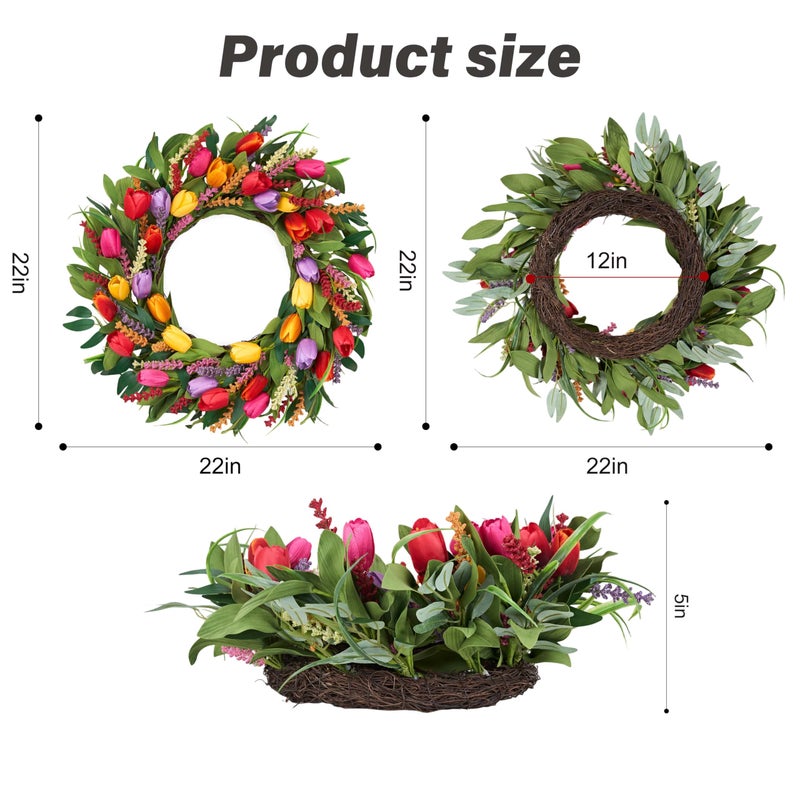 MAINGKAUNG Spring Wreath 22 Inch Artificial Summer Wreaths Tulip Wreath for Front Door with Yellow Tulip Eucalyptus Leaves purple Lavender for Mother's Day Indoor Wall Festival Farmhouse Wedding Decor - Image 2