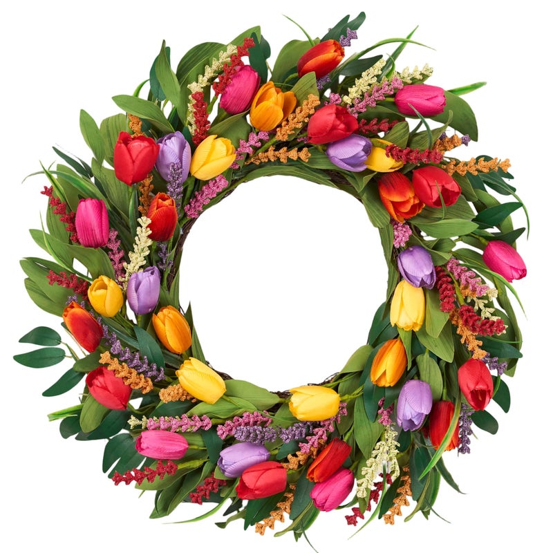 MAINGKAUNG Spring Wreath 22 Inch Artificial Summer Wreaths Tulip Wreath for Front Door with Yellow Tulip Eucalyptus Leaves purple Lavender for Mother's Day Indoor Wall Festival Farmhouse Wedding Decor - Image 1